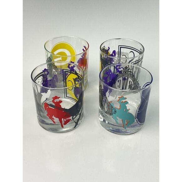 Set of 4 Lowball Whiskey Short Tumbler Glasses Bucking Bronco Monogram Barware C - Picture 1 of 6